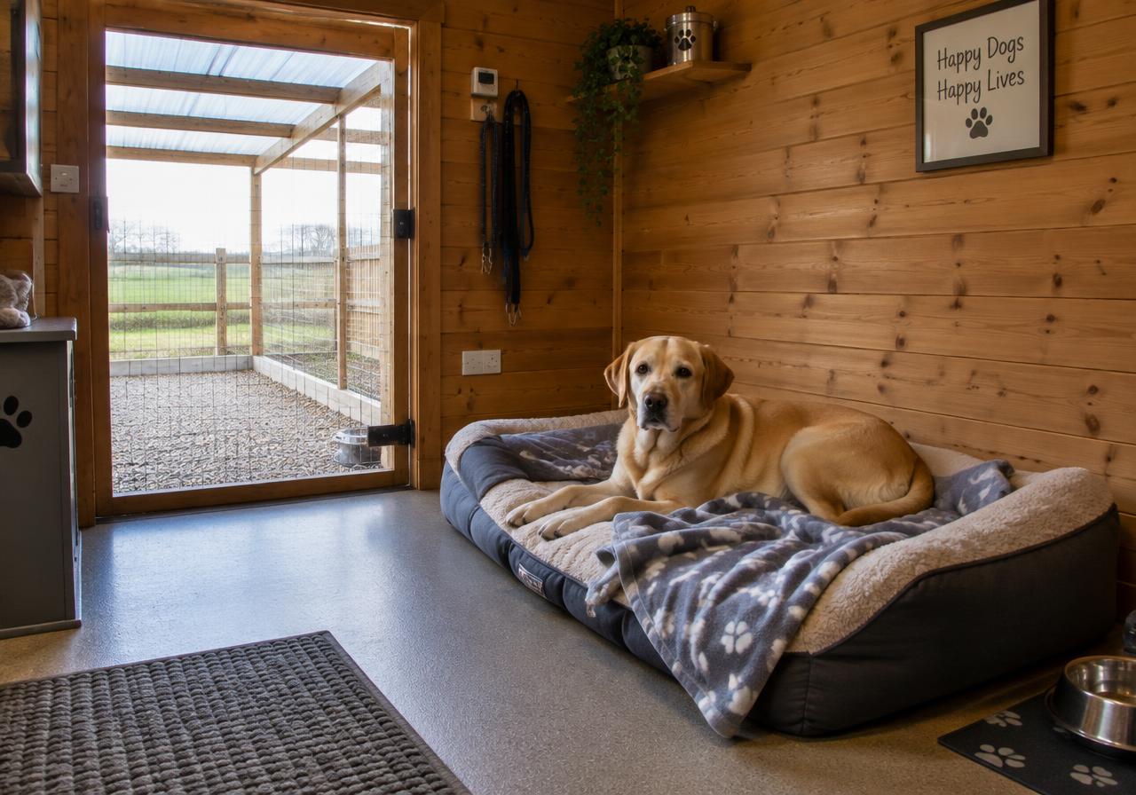 Labrador relaxing on a bed inside a warm wooden kennel