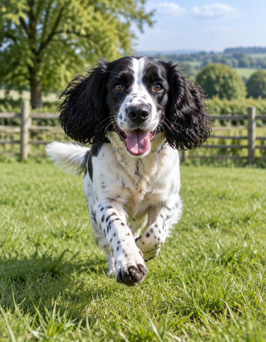 Happy spaniel running across a field